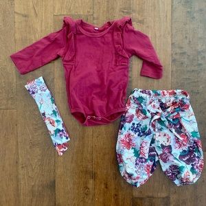 Baby girl onesie floral pants head wrap outfit 3-6